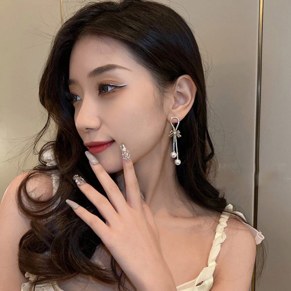 Geometric Bow Knot Alloy Inlay Artificial Pearls Rhinestone Dangling Earrings‎